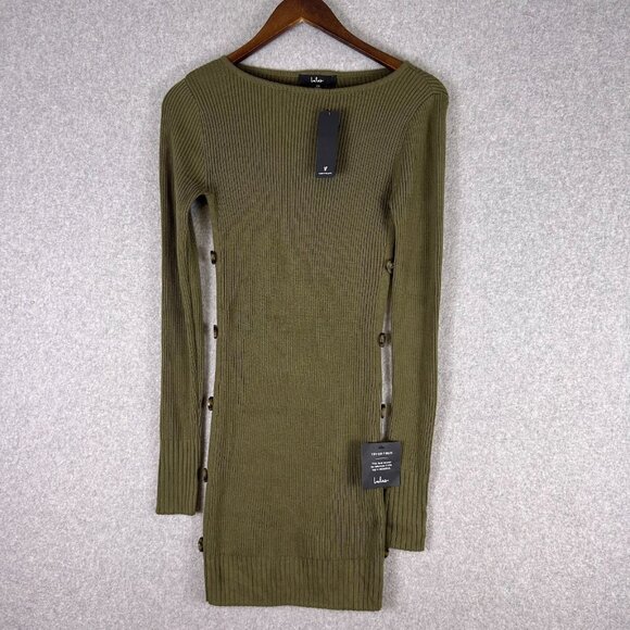 Lulu's Sweater Dress Women XS Green Ribbed Long Sleeve Side Buttons Bodycon NWT - Picture 1 of 10